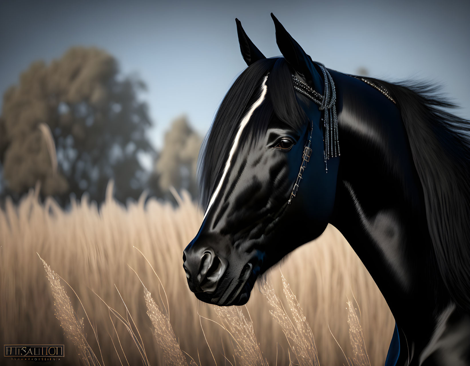 Black horse with bridle in golden grass field on blurred background