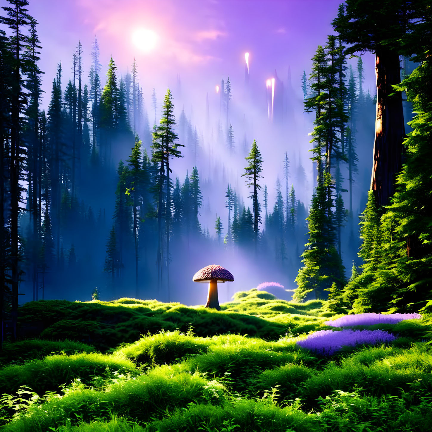 Majestic pine trees and solitary mushroom in lush landscape