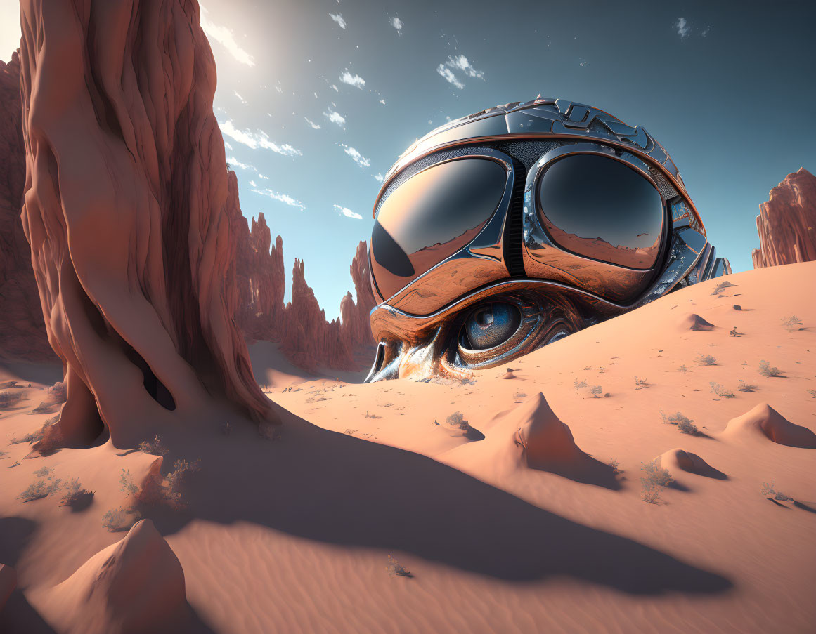 Giant human eye in aviator goggles in desert landscape