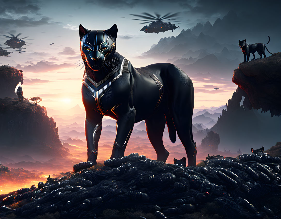 Futuristic black panther with glowing blue eyes on rocky landscape at sunset