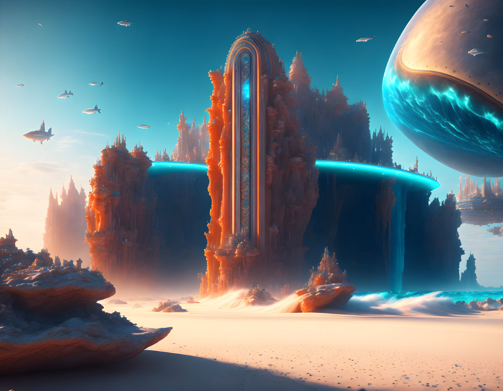 Futuristic landscape with towering portal, islands, spaceships, planet, and ocean waves