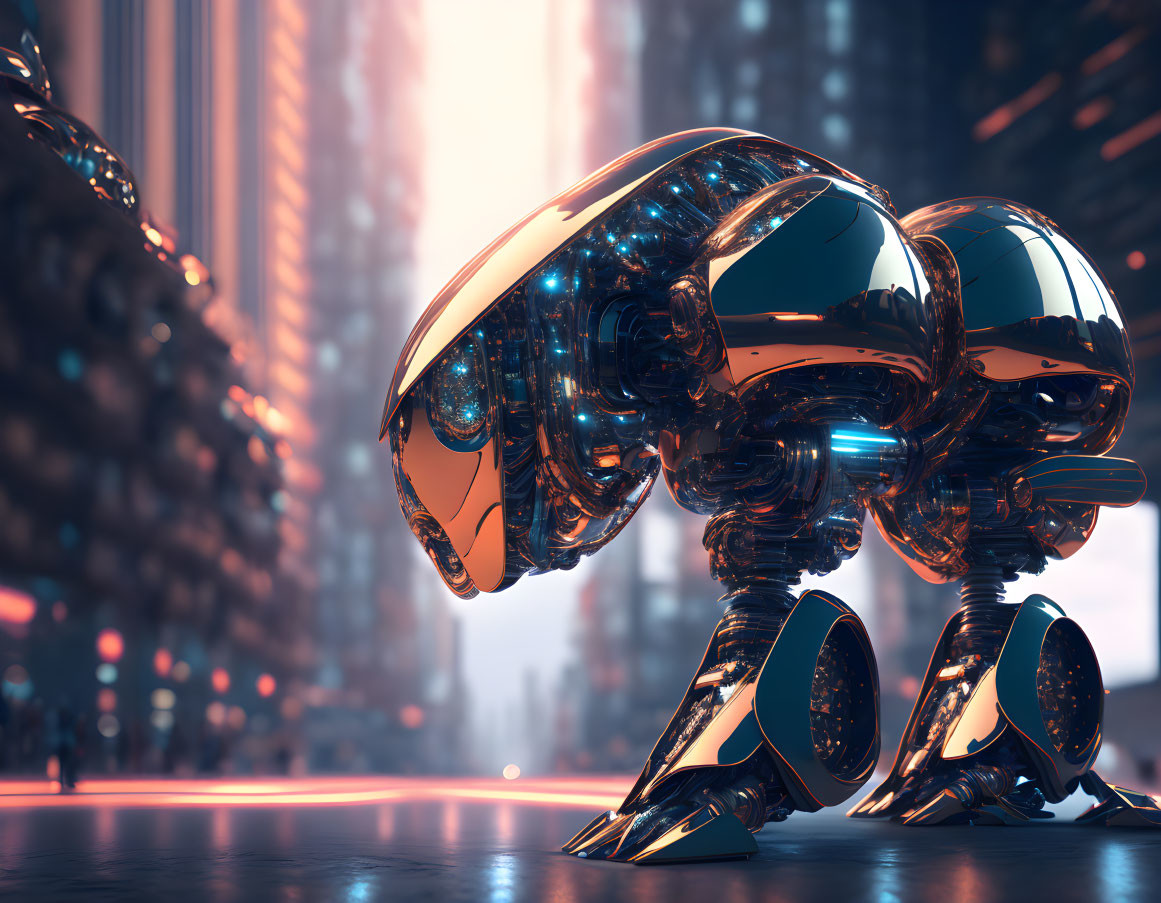 Futuristic metallic robot with intricate designs in neon-lit urban cityscape