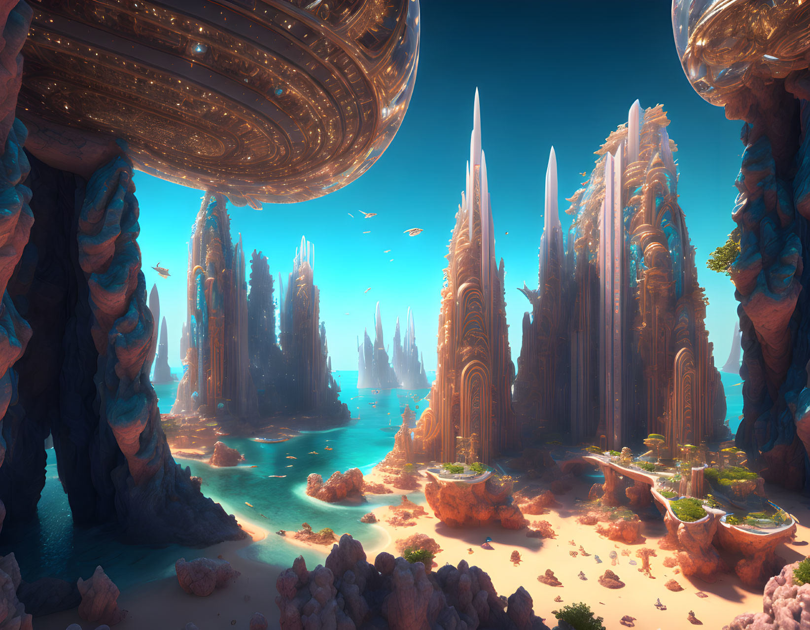 Fantastical landscape with spires, floating structures, and lush vegetation