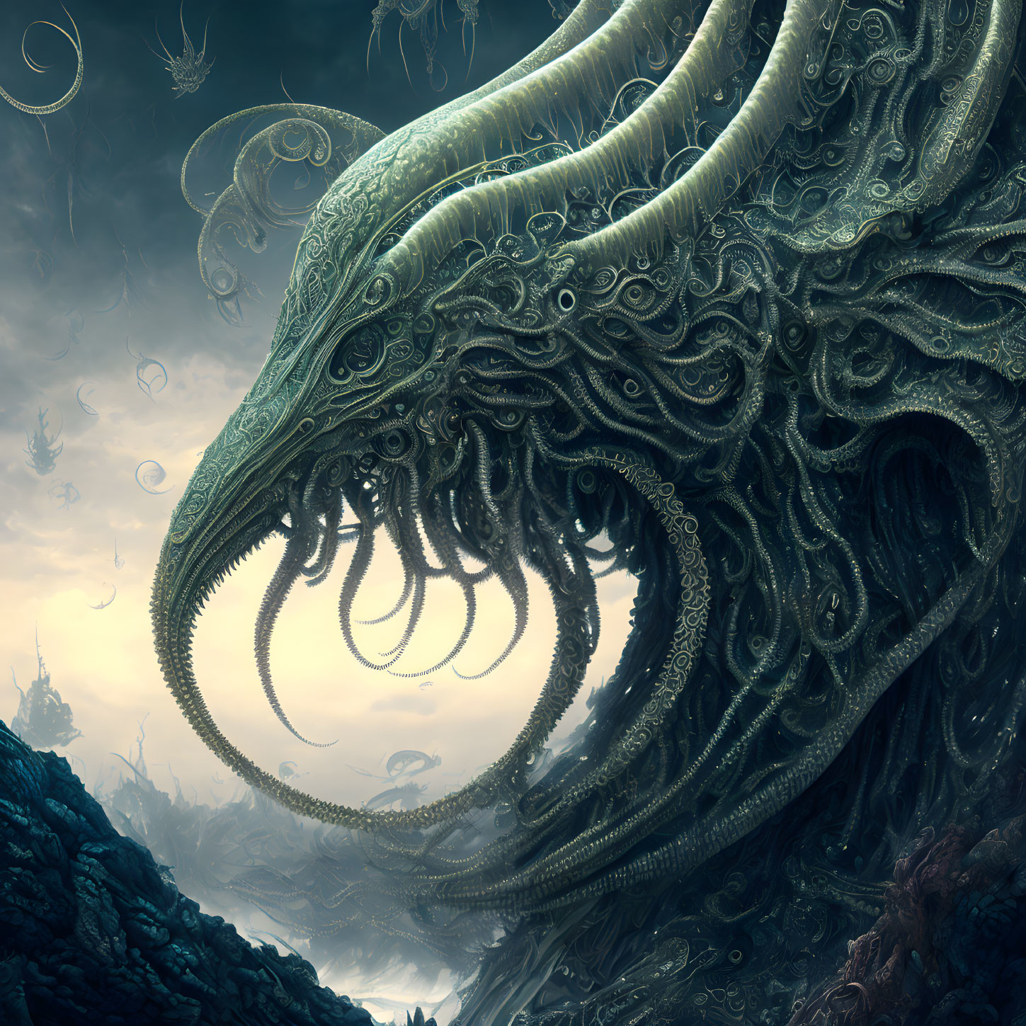 Fantasy creature with tentacles in dark landscape.