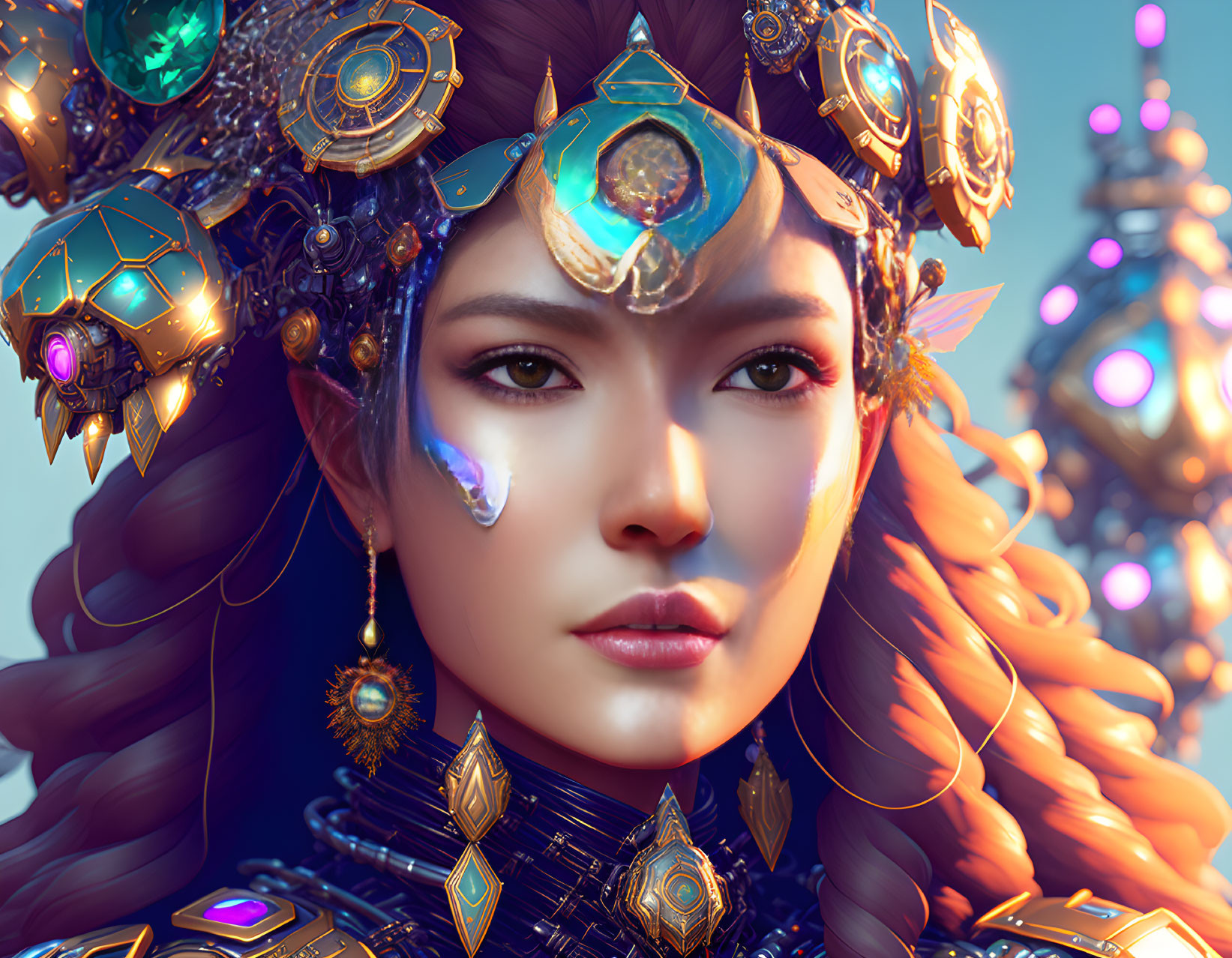 Detailed digital portrait of woman with ornate gold headgear, intense gaze, against blurred lights.