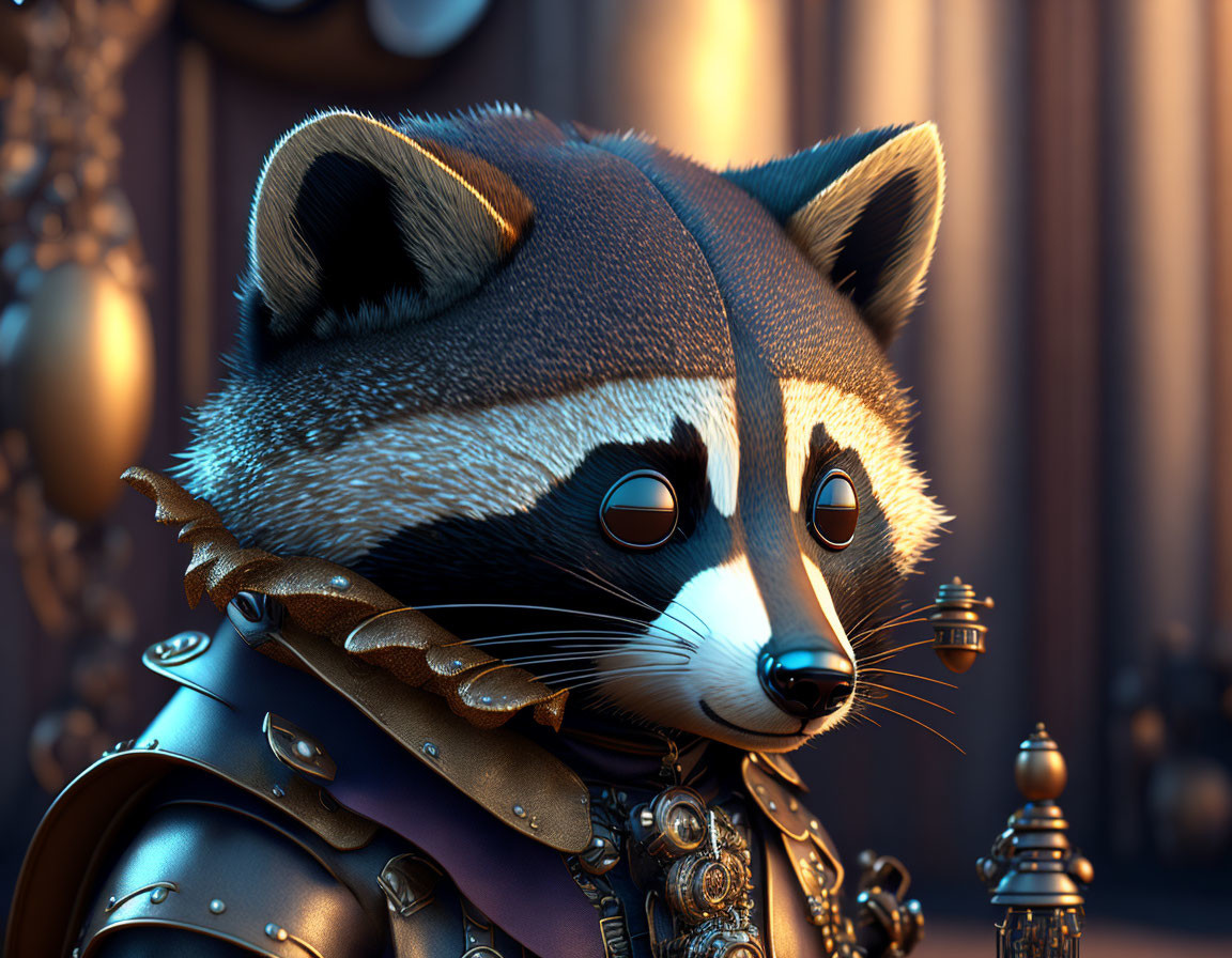 Detailed 3D rendering of anthropomorphic raccoon in ornate armor with illuminated eyes on blurred mechanical