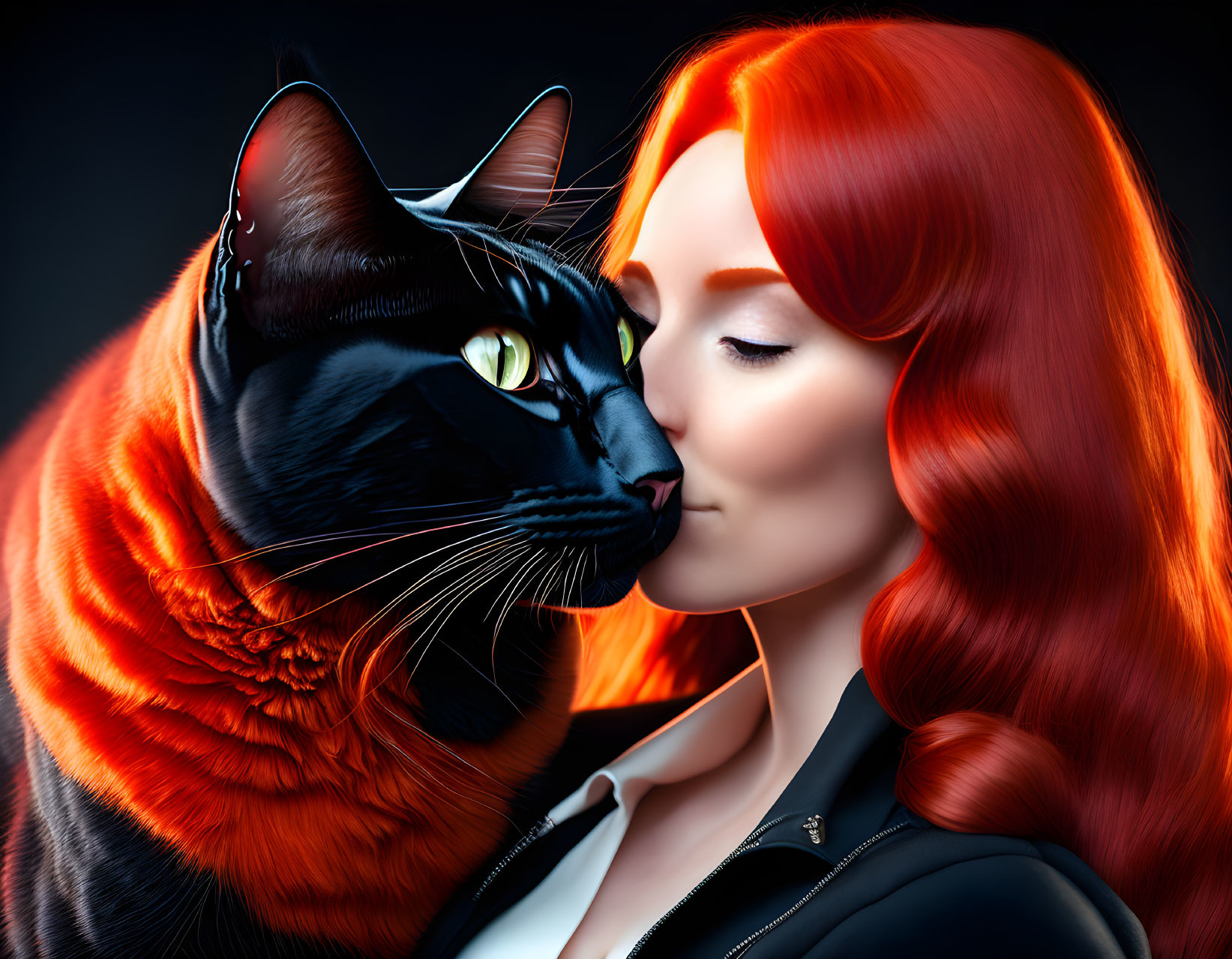 Red-Haired Woman Nuzzled by Black and Orange Cat on Dark Background