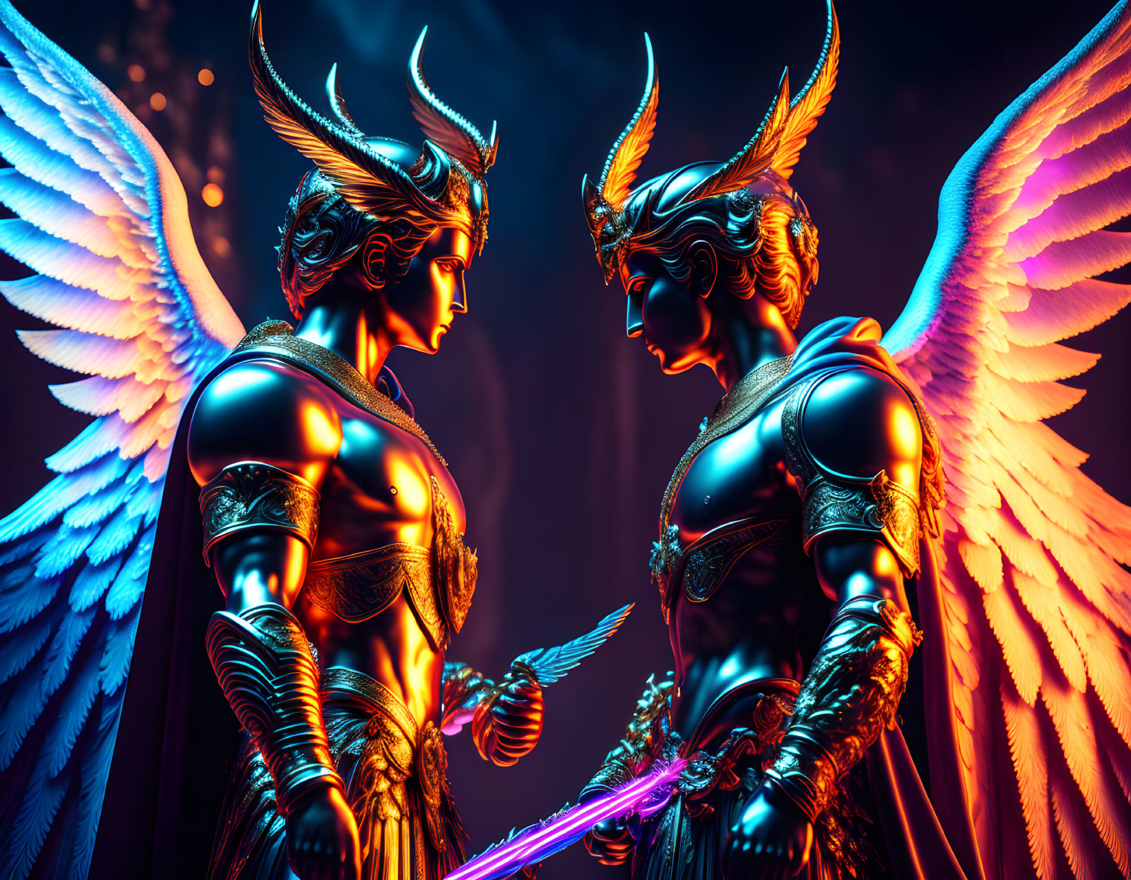 Armored winged fantasy characters with glowing weapons in dramatic lighting