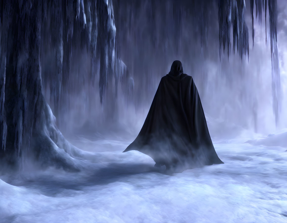 Cloaked Figure in Frozen Landscape with Ice Stalactites