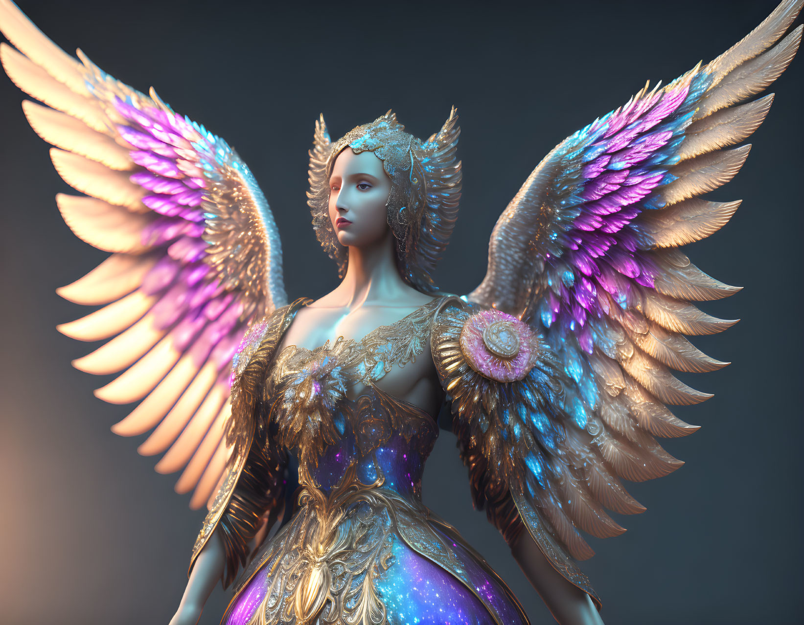 Detailed 3D illustration of majestic angel with colorful wings and ornate armor