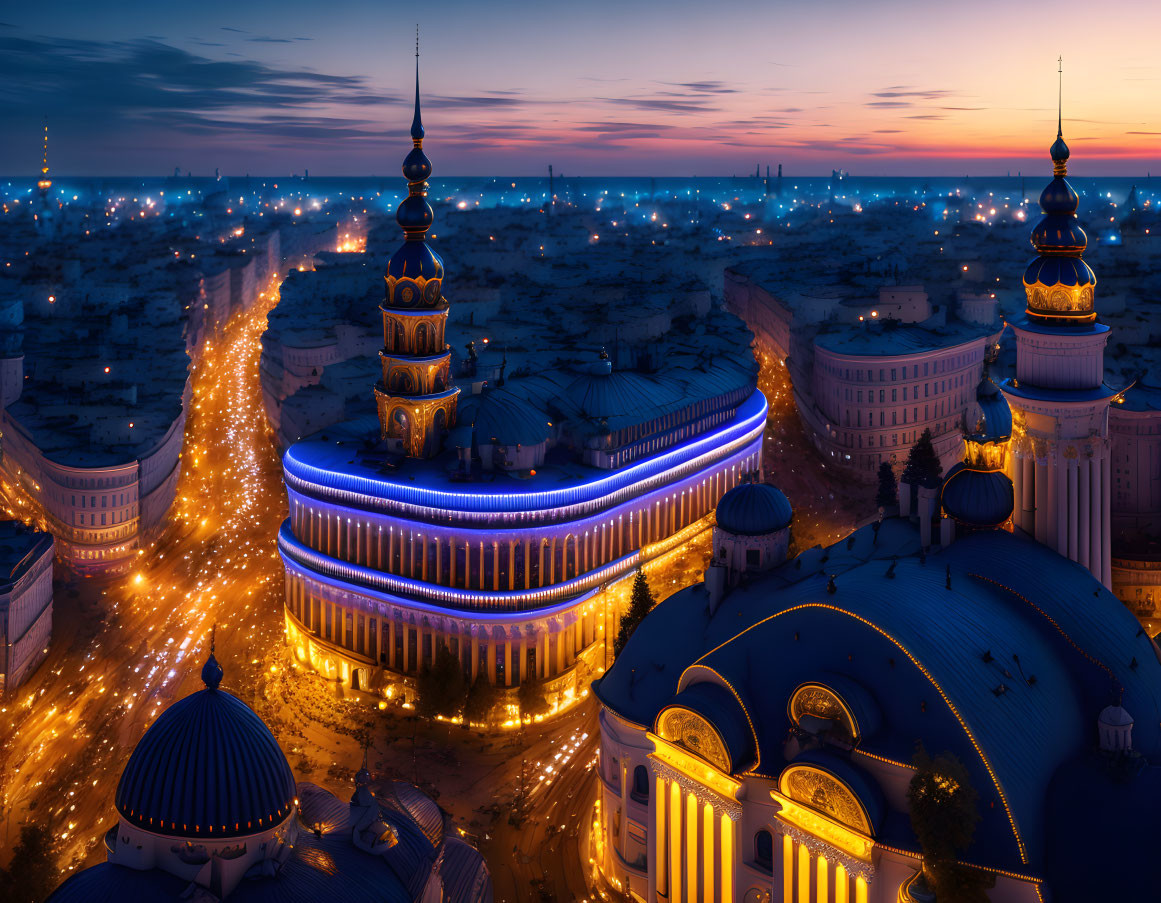 Cityscape at Night: Illuminated Streets and Circular Structure