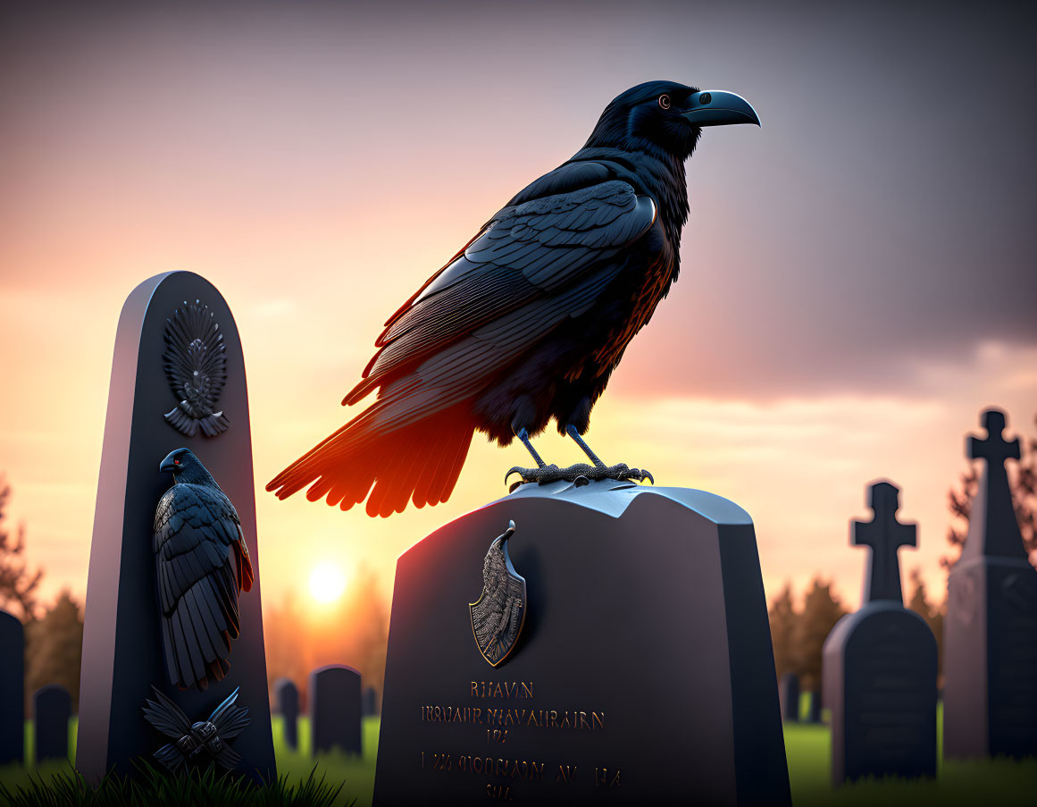 Raven perched on gravestone at sunset in cemetery