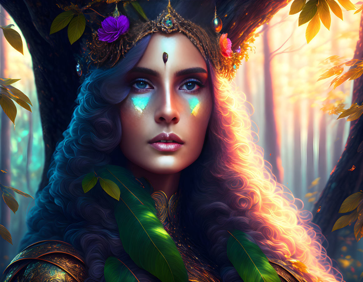 Fantasy Woman with Blue Face Markings and Golden Crown in Forest Scene