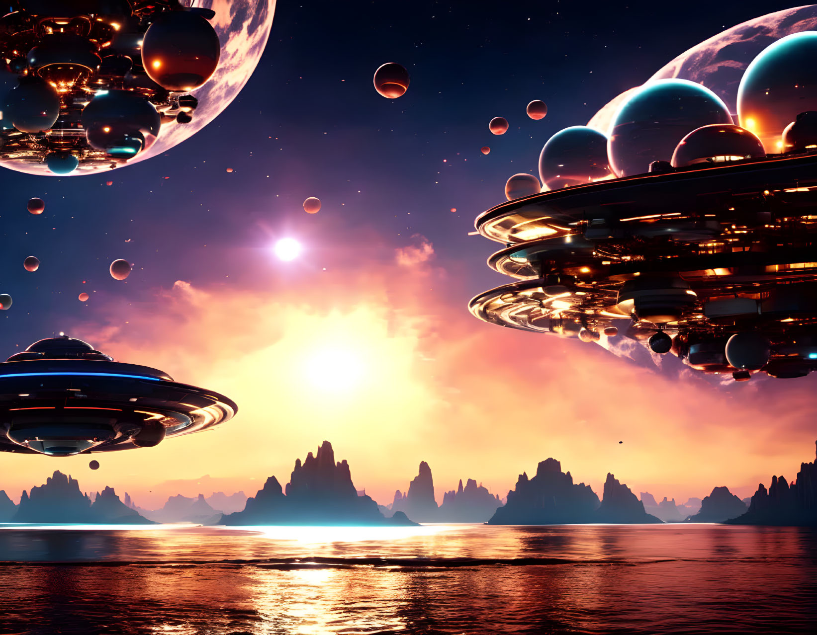 Futuristic sci-fi landscape with floating cities and multiple moons