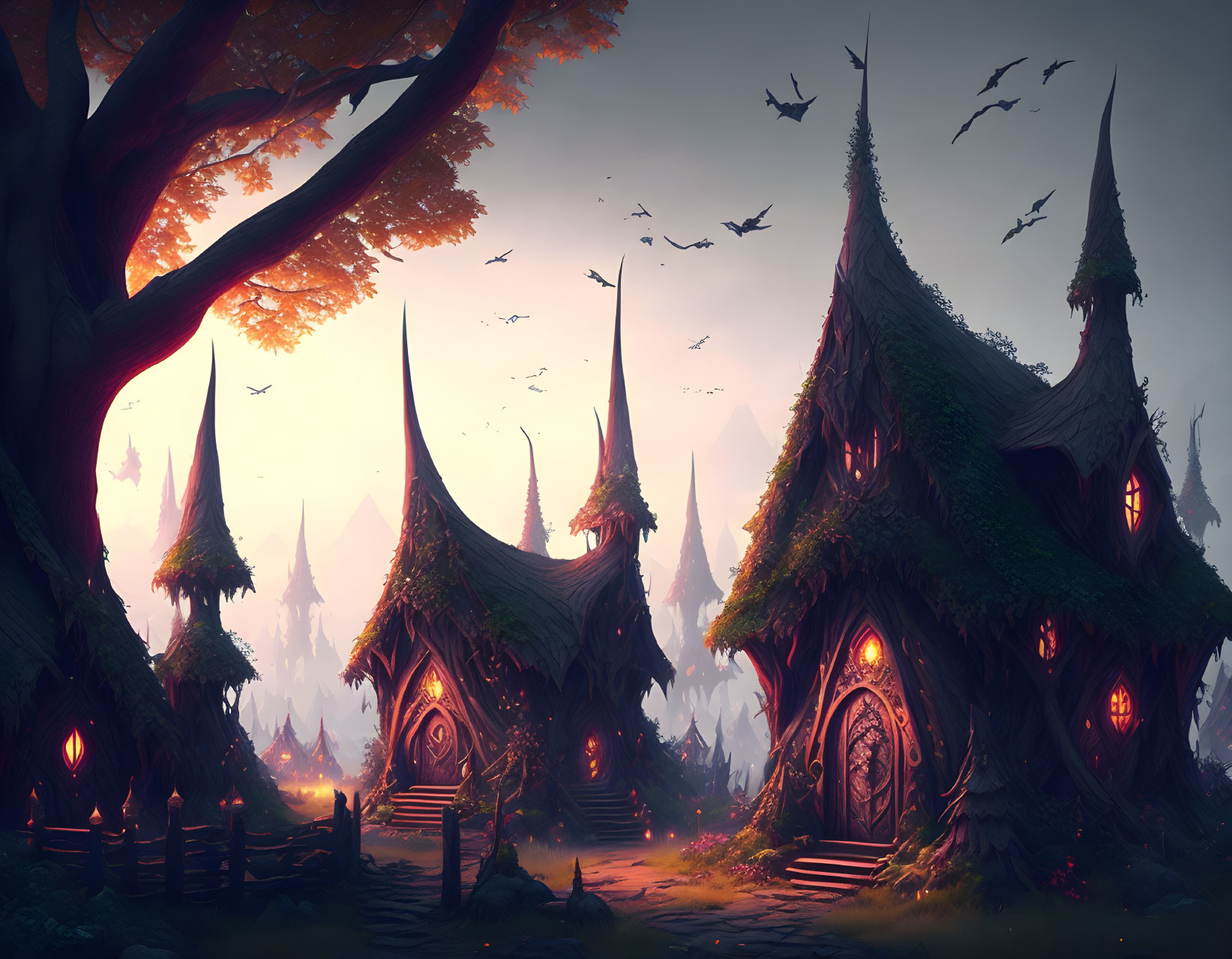 Whimsical treehouses in enchanted village at twilight