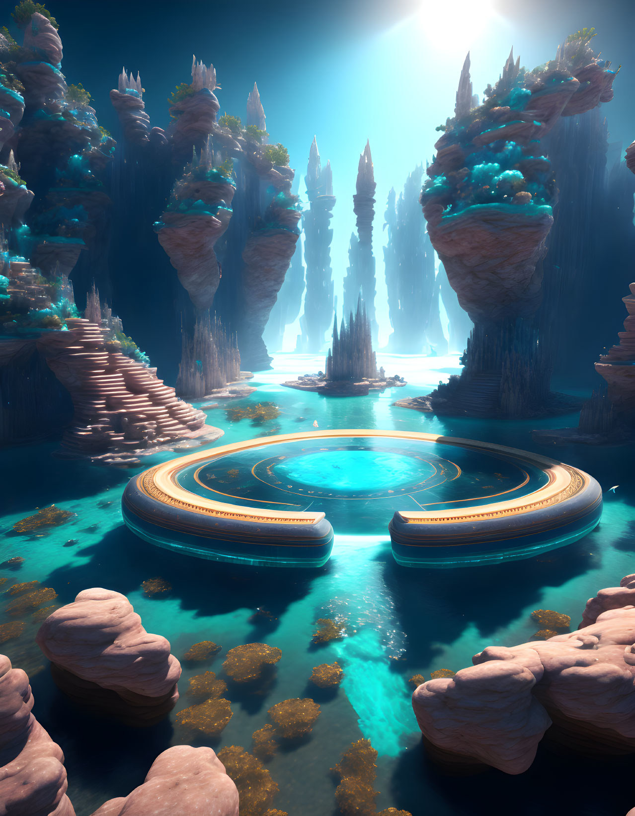 Ethereal underwater landscape with towering coral structures and alien platforms