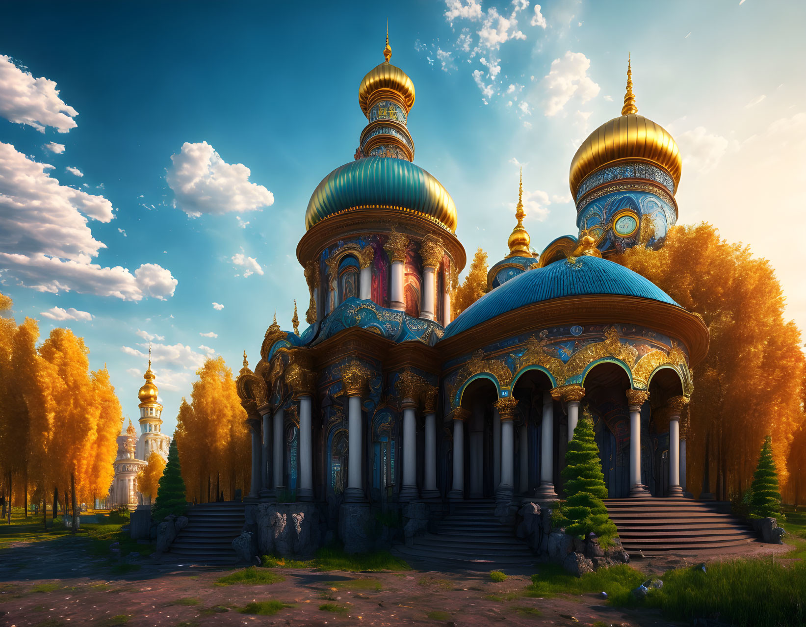 Vibrant blue and golden-domed cathedral in autumn sunset landscape