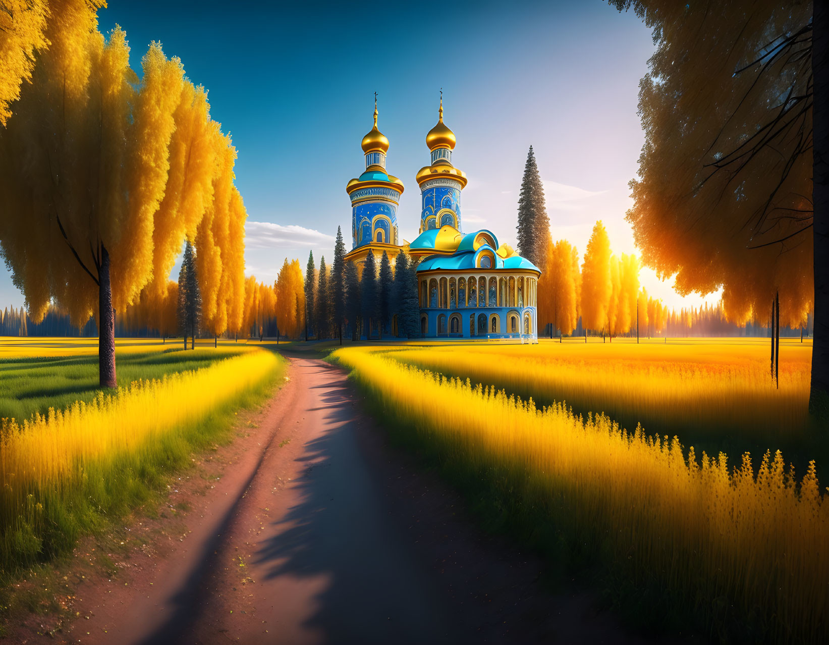 Scenic sunset over Russian-style church and golden landscape