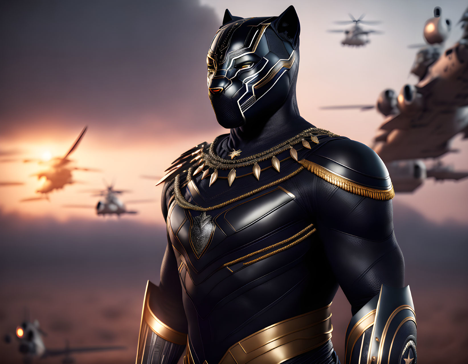 Detailed Black Panther Costume Standing Heroically with Aircraft in Sunset