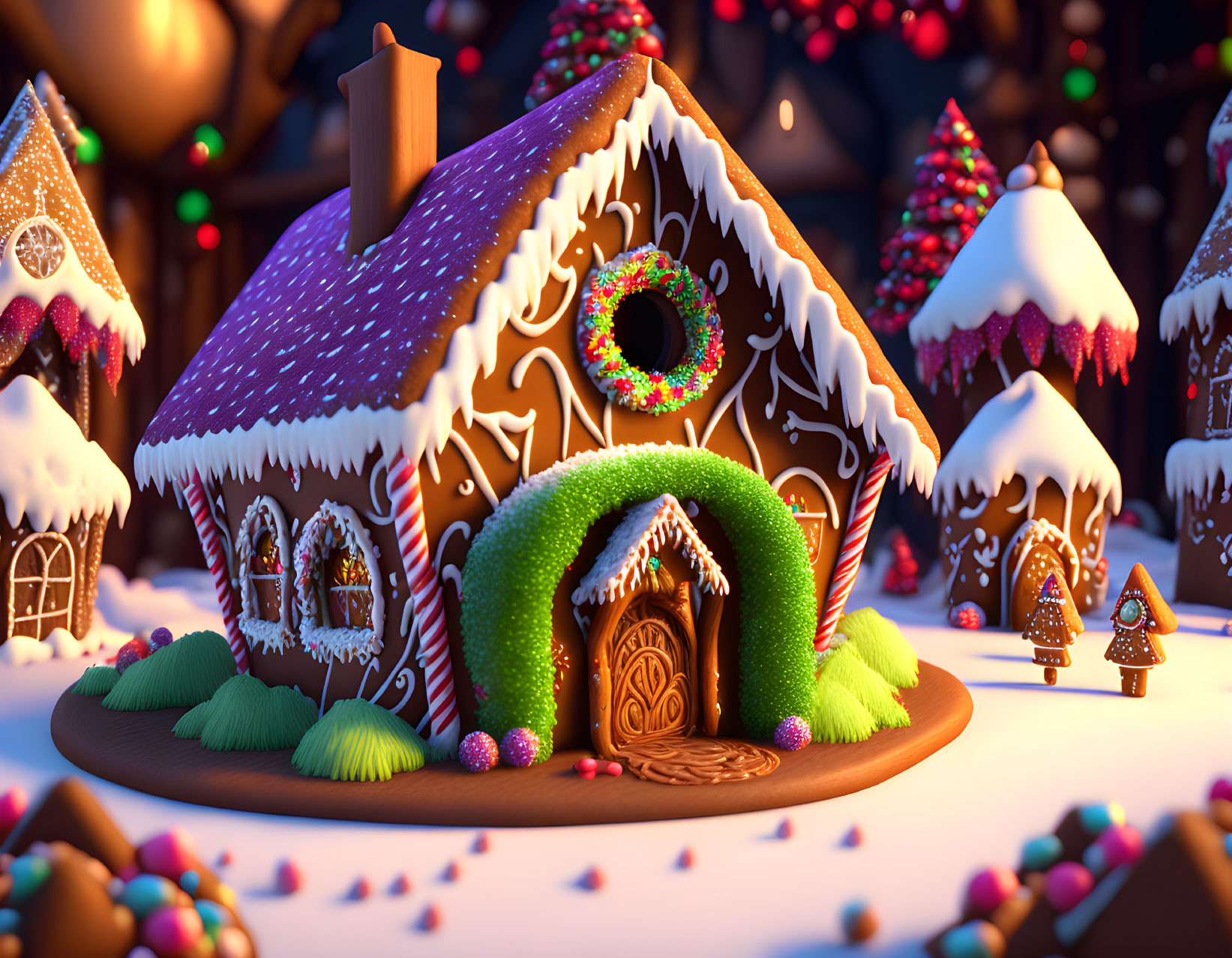 Festive gingerbread house with icing, candies, wreath, and illuminated trees