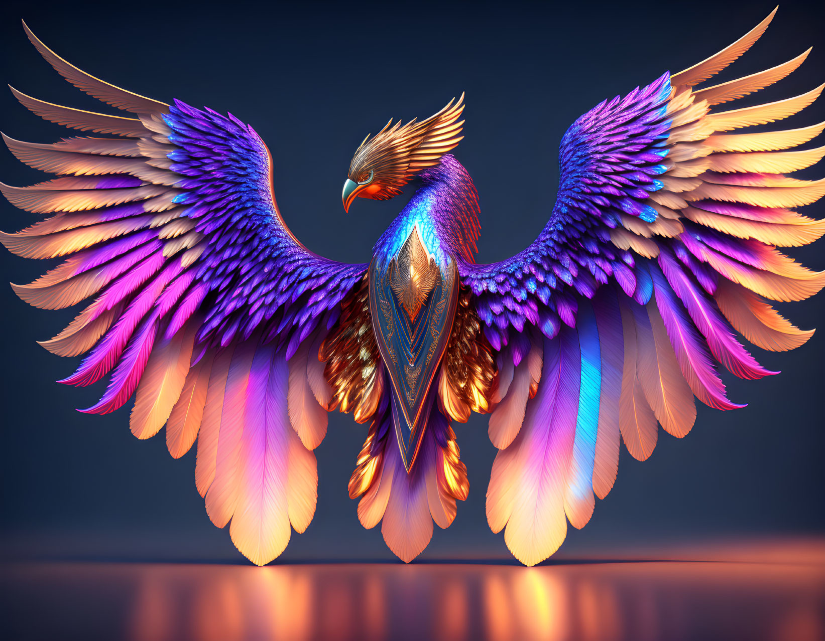 Colorful Digital Art: Fantastical Bird with Colorful Wings on Moody Blue Background