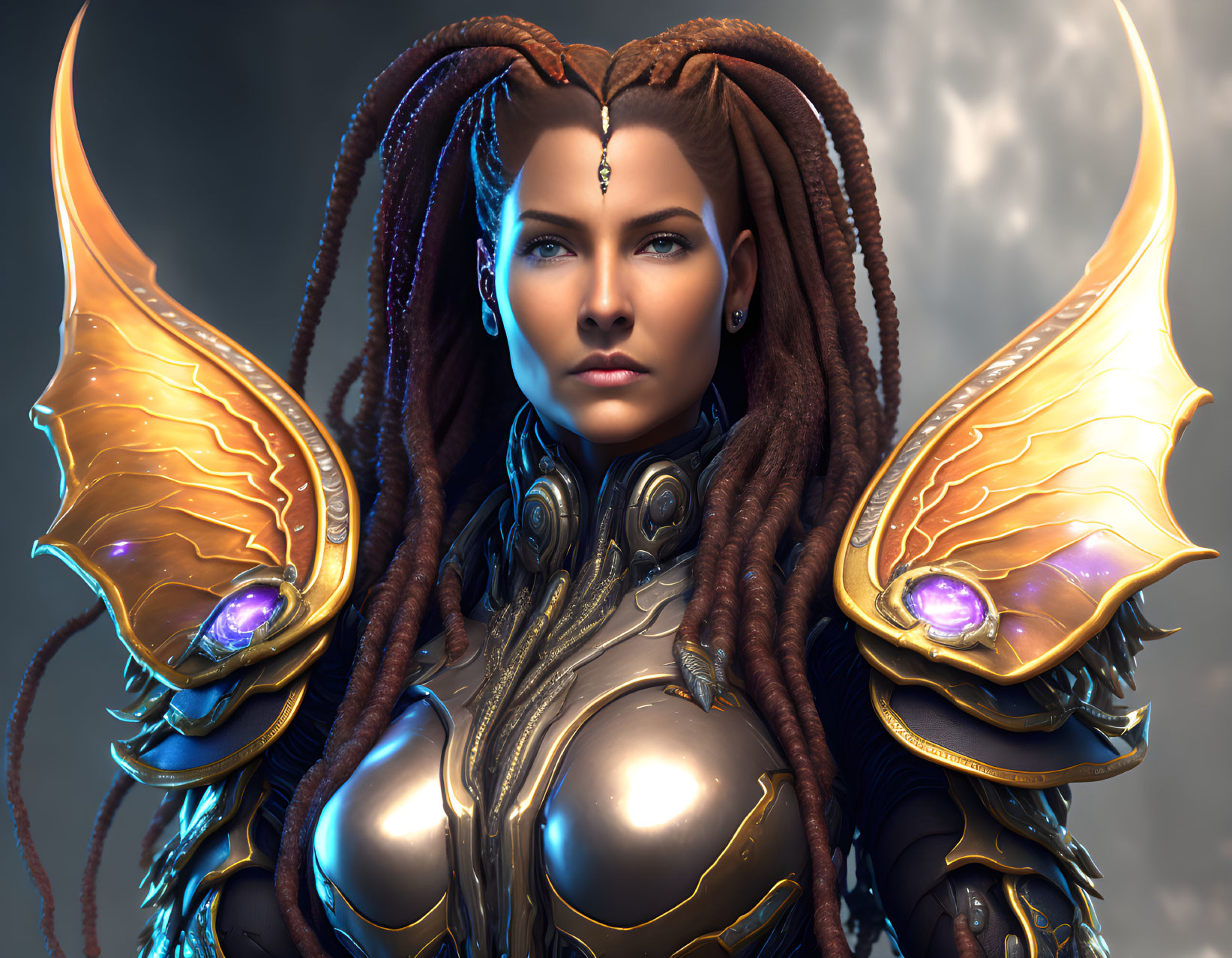 Digital Artwork: Woman with Blue Eyes & Braided Hair in Golden Armor