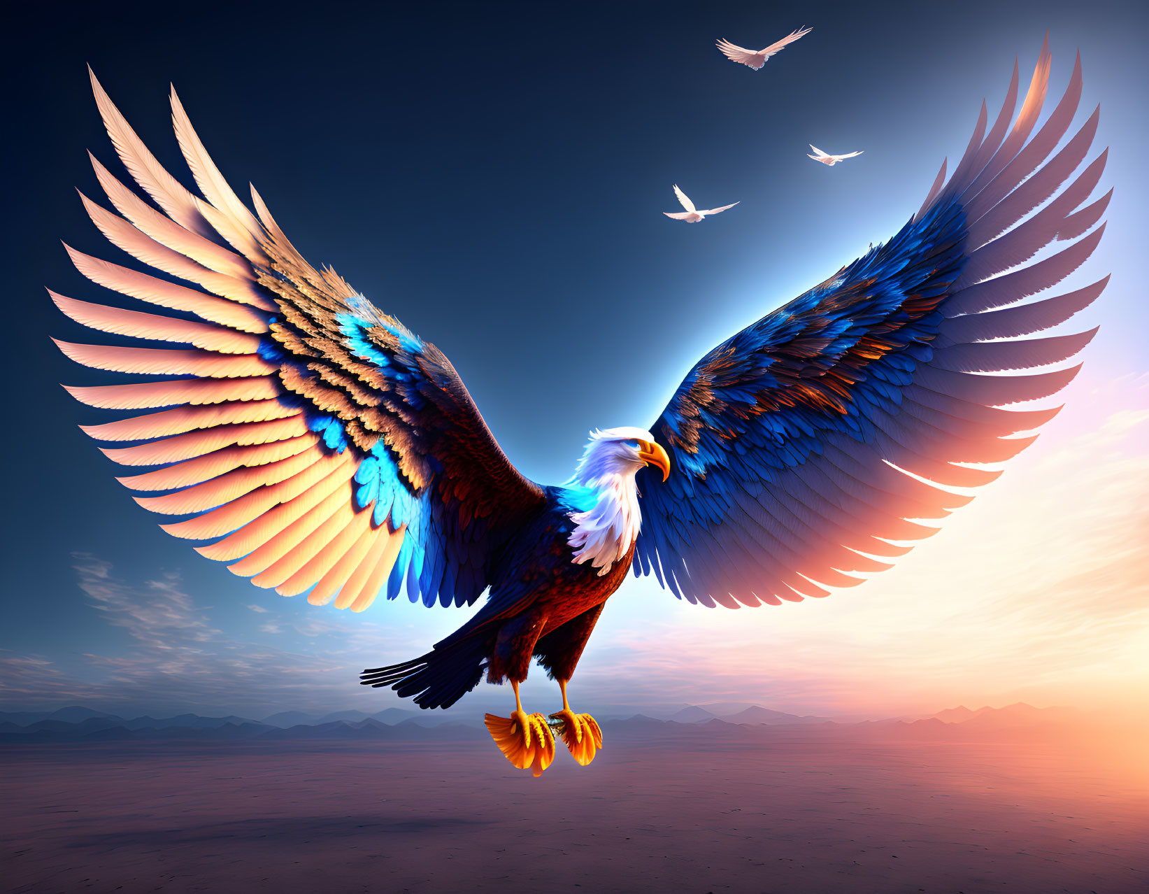 Multicolored eagle flying over desert landscape at sunrise or sunset