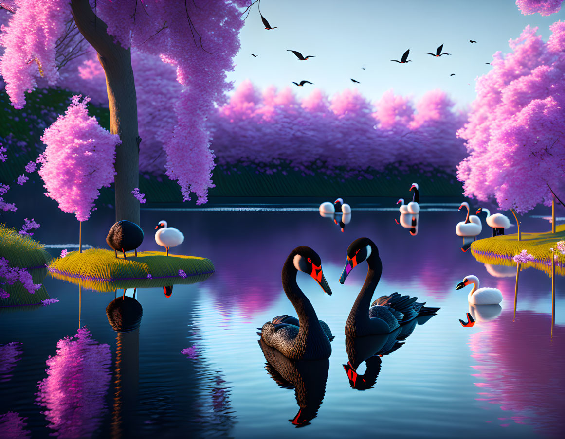 Tranquil lake scene with black swans, cherry blossoms, and twilight ambiance