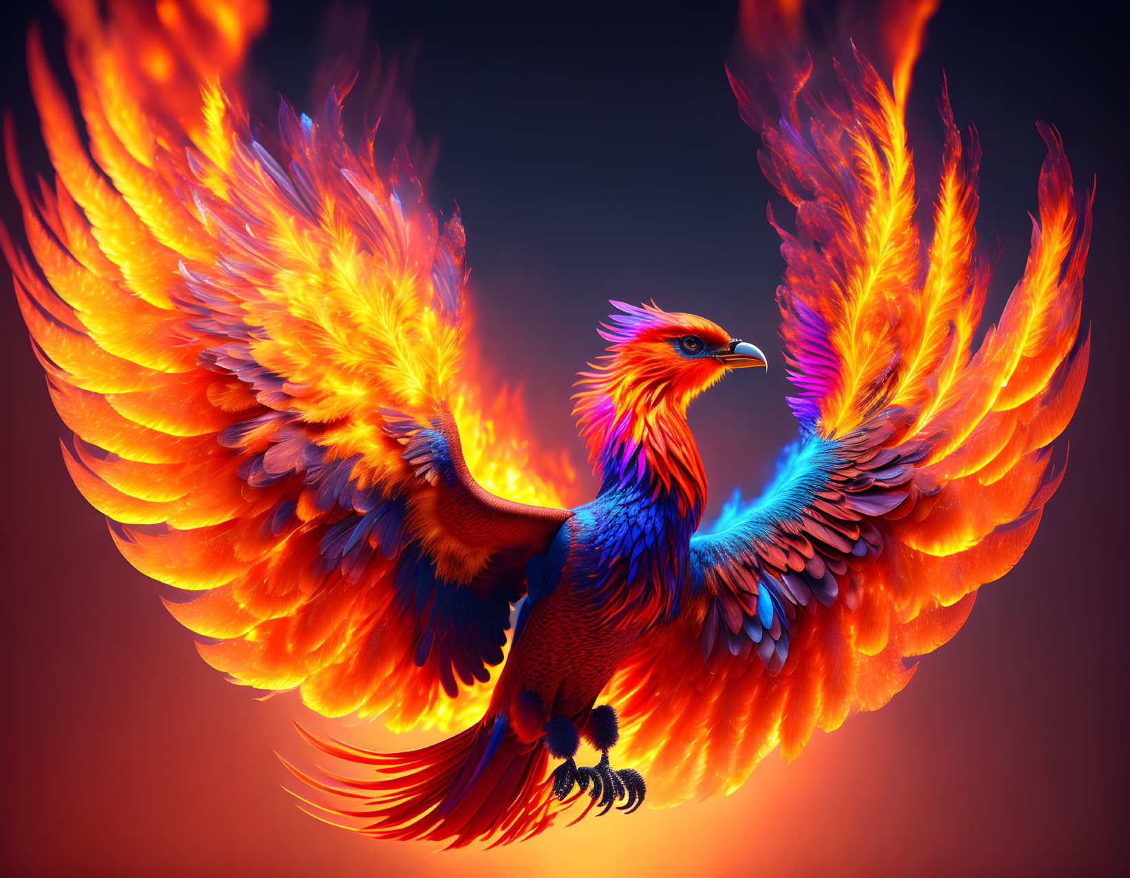 Colorful Phoenix with Orange and Yellow Wings on Red and Blue Background