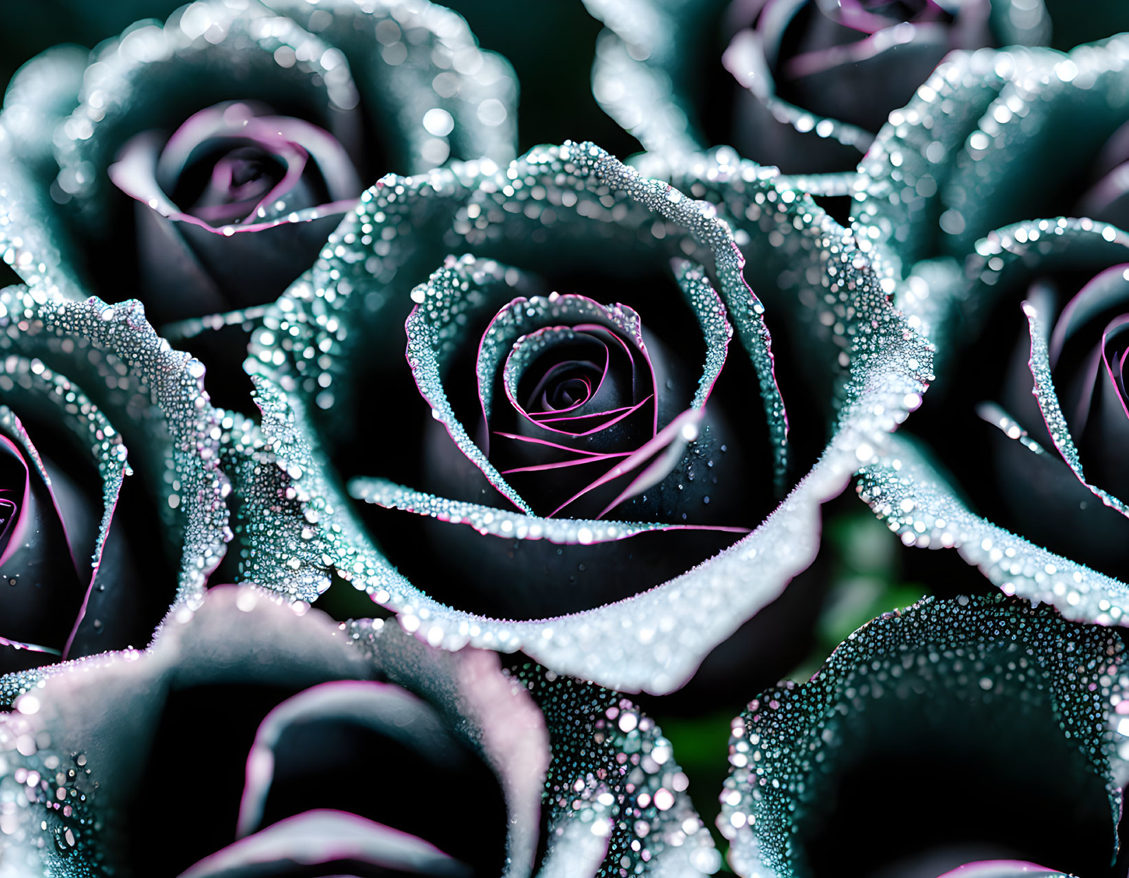 Dark Purple Roses with Dewdrops Showcasing Intricate Patterns and Delicate Sparkle