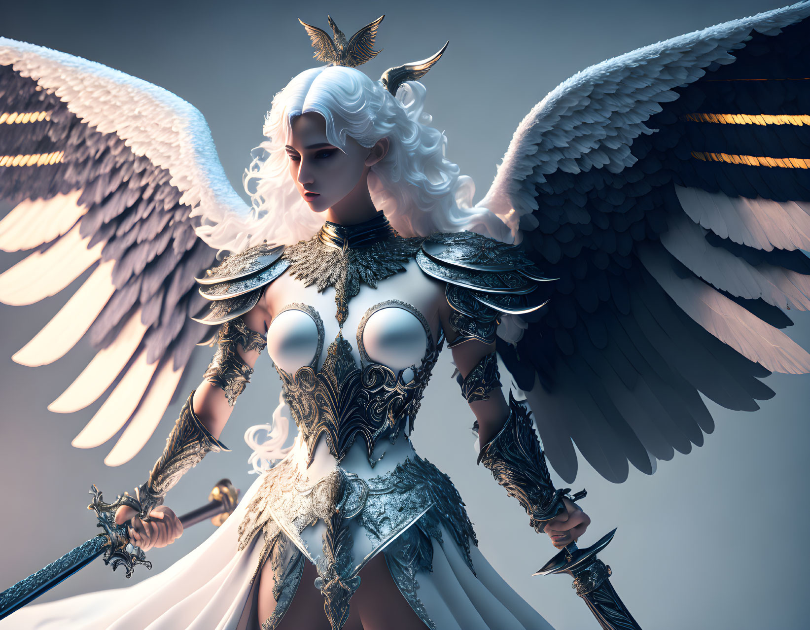 Majestic female warrior angel digital artwork with white wings and sword