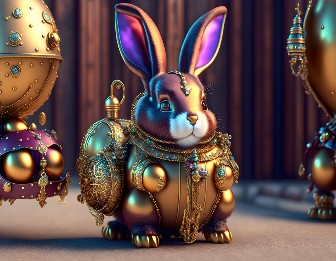 Digital artwork: Whimsical rabbit with golden jewelry and decorated eggs