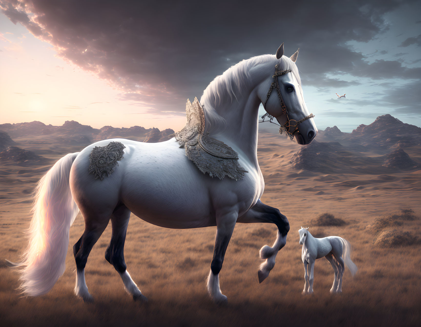 White horse with ornate harnesses in sunset landscape with smaller horse and birds