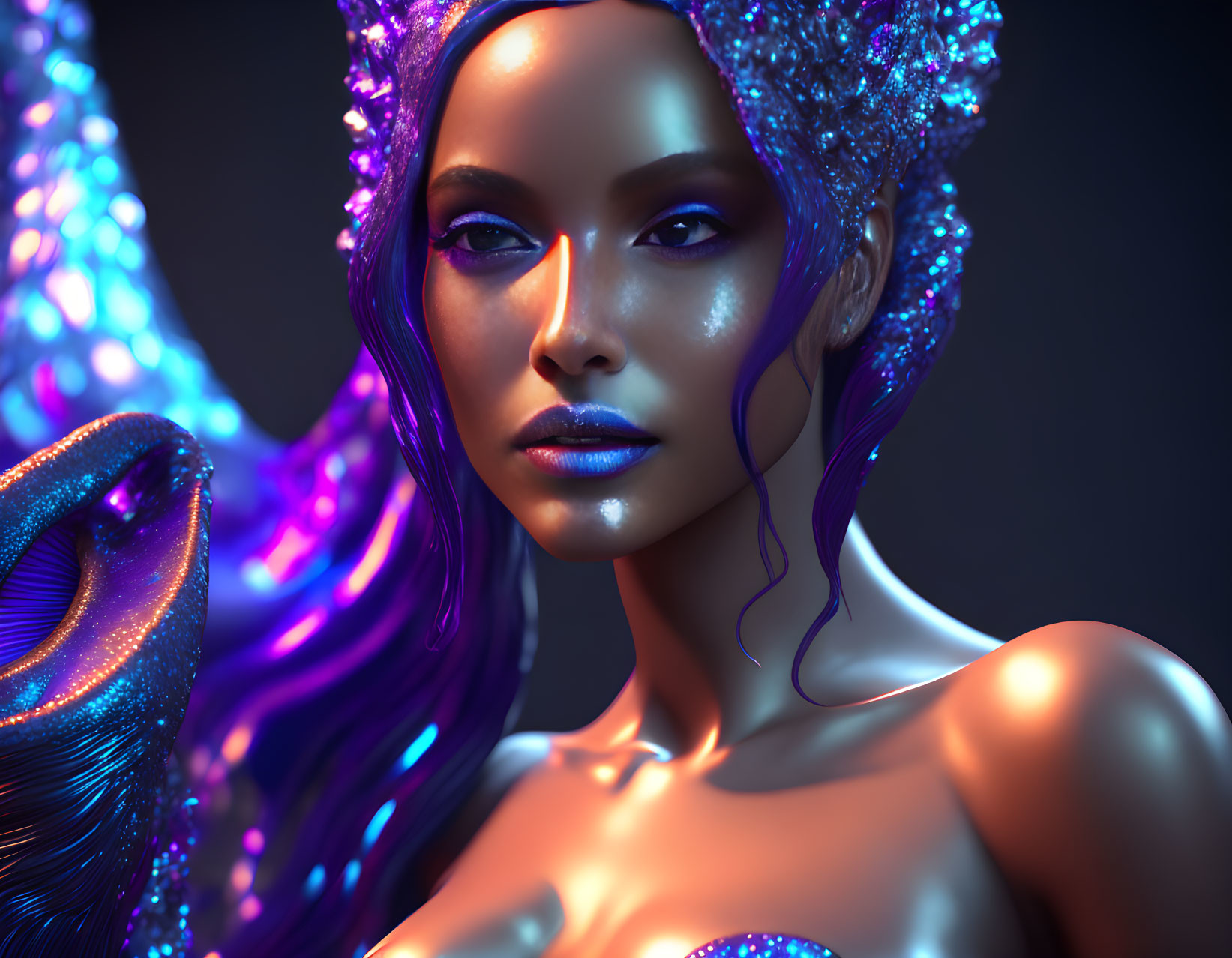 Glowing blue-purple skin woman in luminous outfit portrait