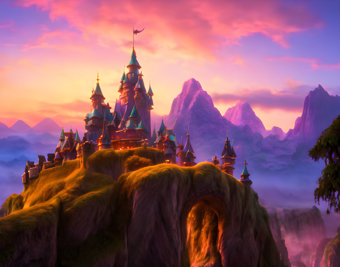 Fantastical sunset landscape with magical castle and vibrant sky