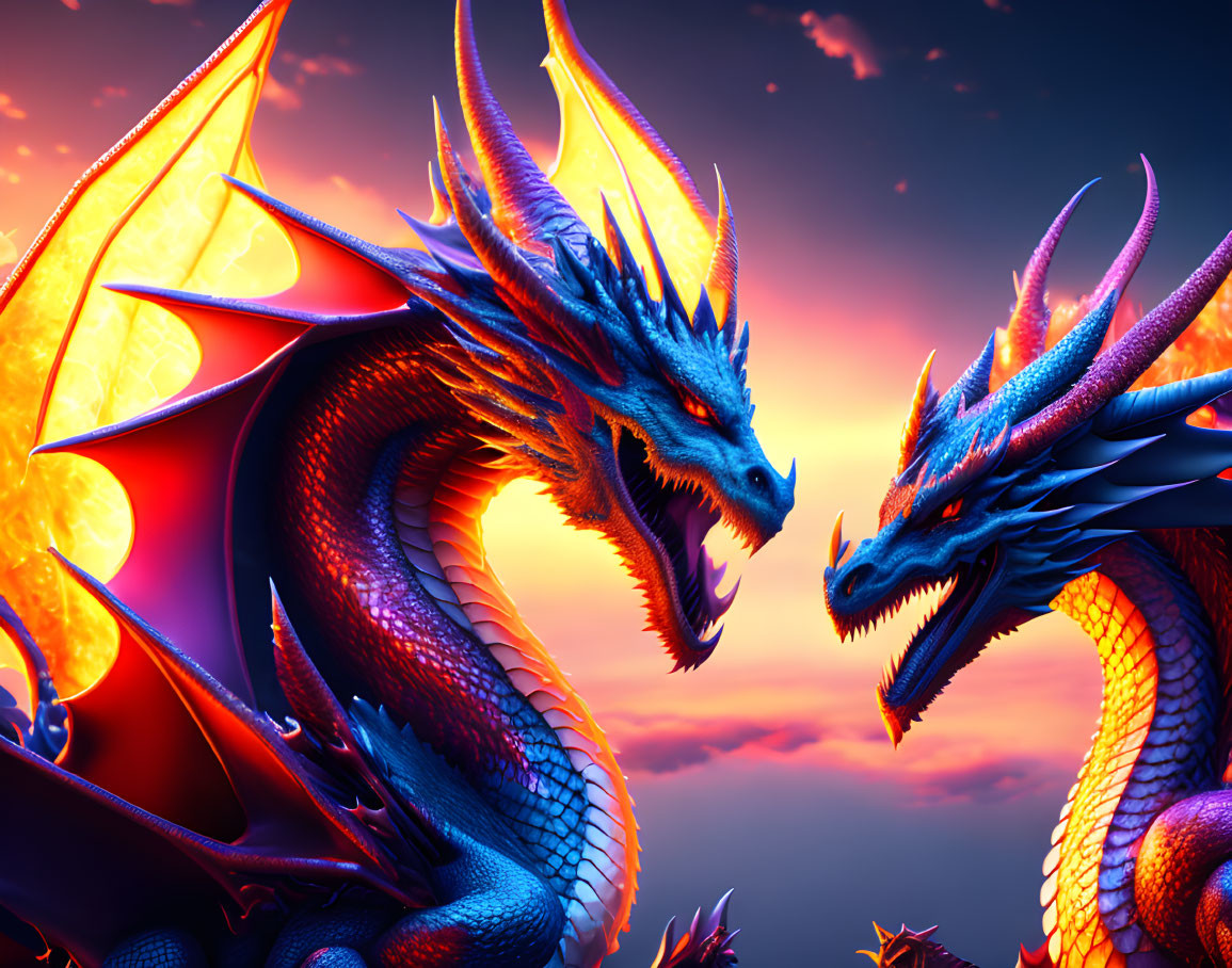 Two vibrant blue and orange dragons facing each other in dramatic sunset sky