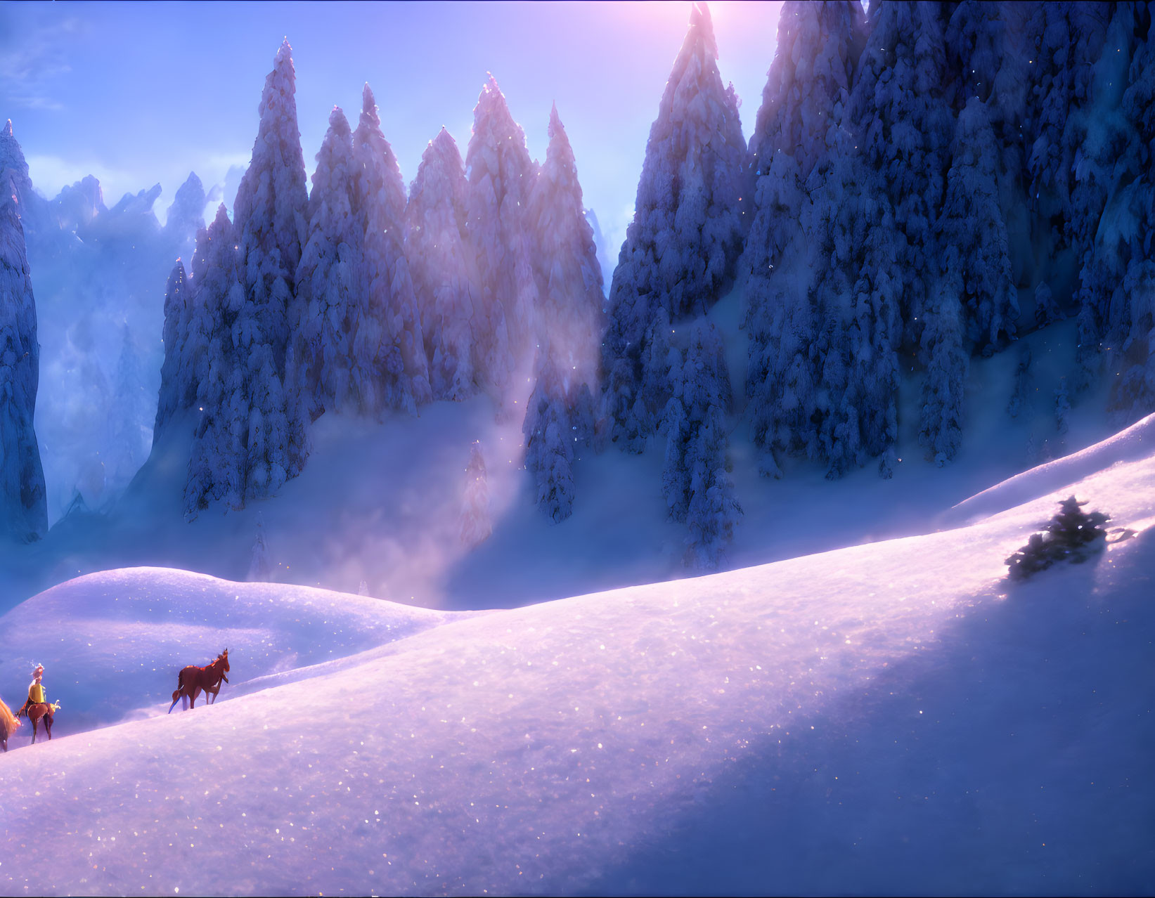 Snowy Dusk Scene: Person and Dog Walking to Snowy Pine Forest