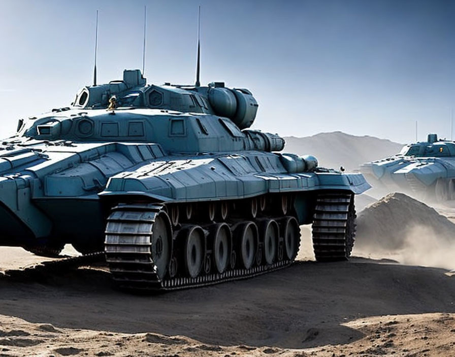 Futuristic blue tanks with large treads in desert landscape