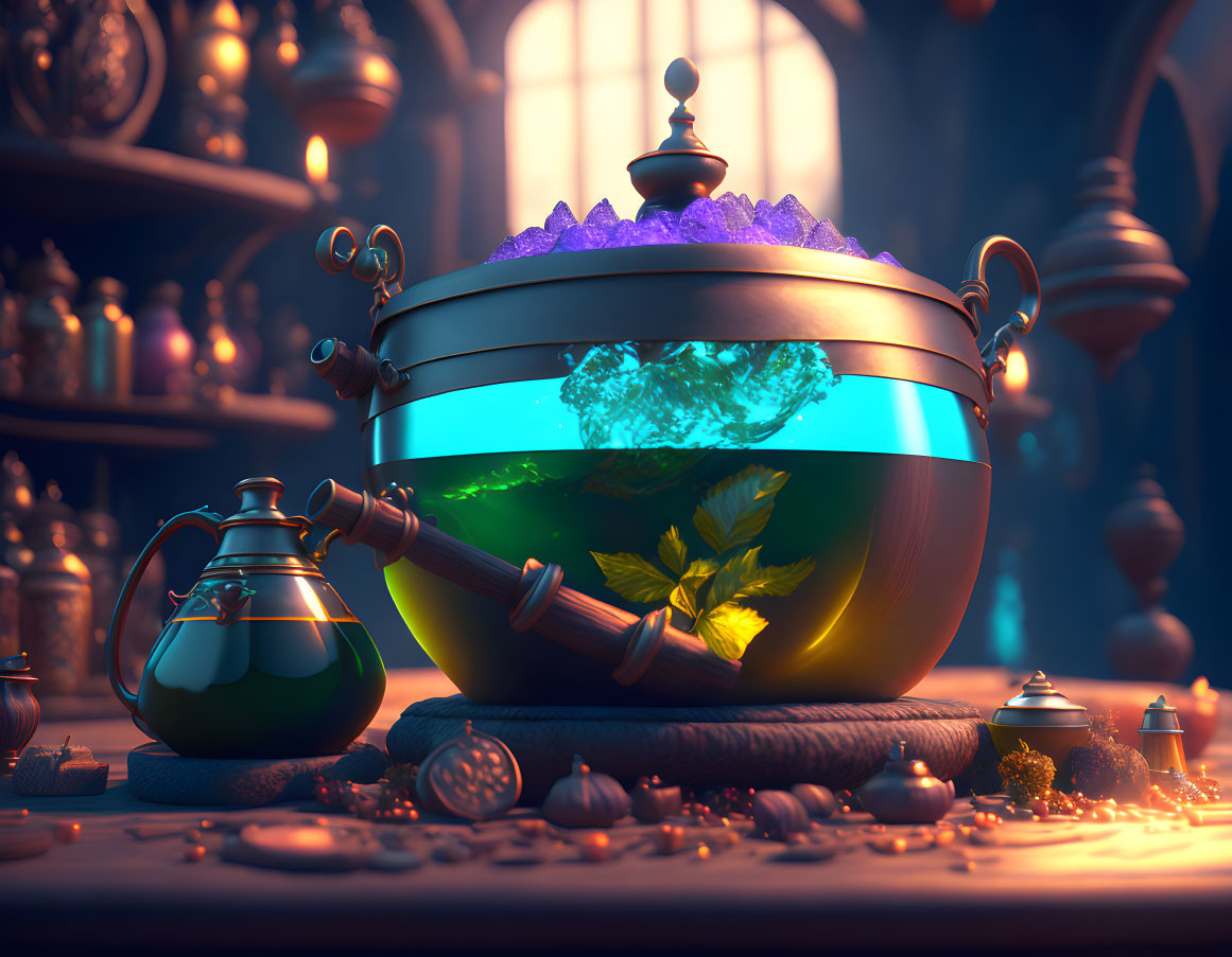 Mystical cauldron with blue glow in enchanting room