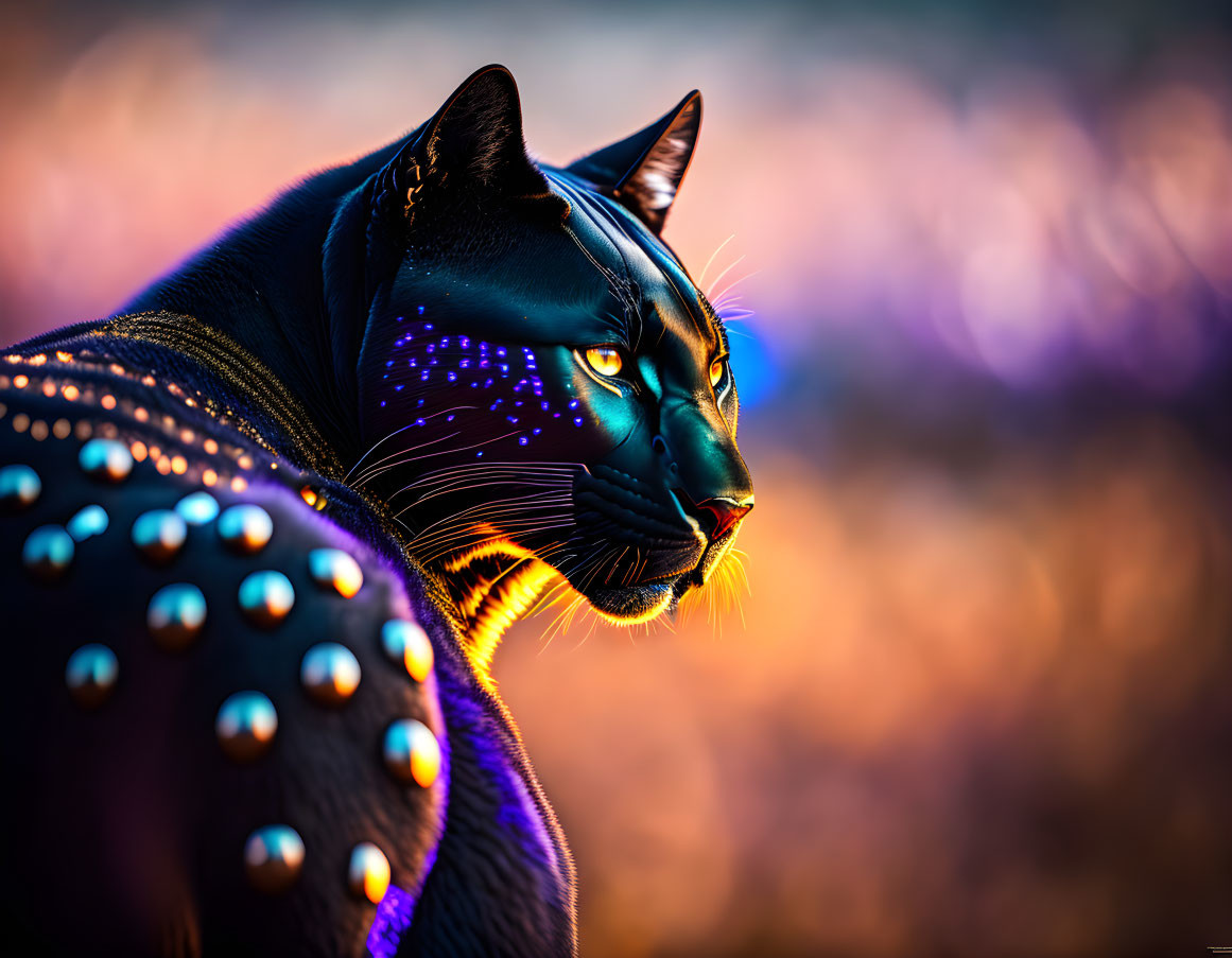 Black Cat with Glowing Blue Patterns and Leather Outfit on Warm Background