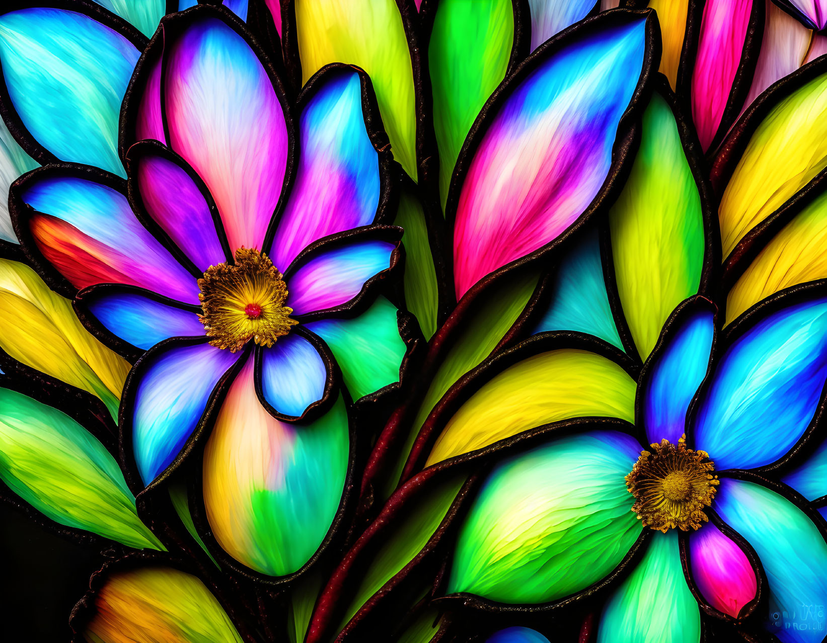 Colorful Stylized Flower Stained Glass Artwork in Blue, Pink, Yellow, and Green