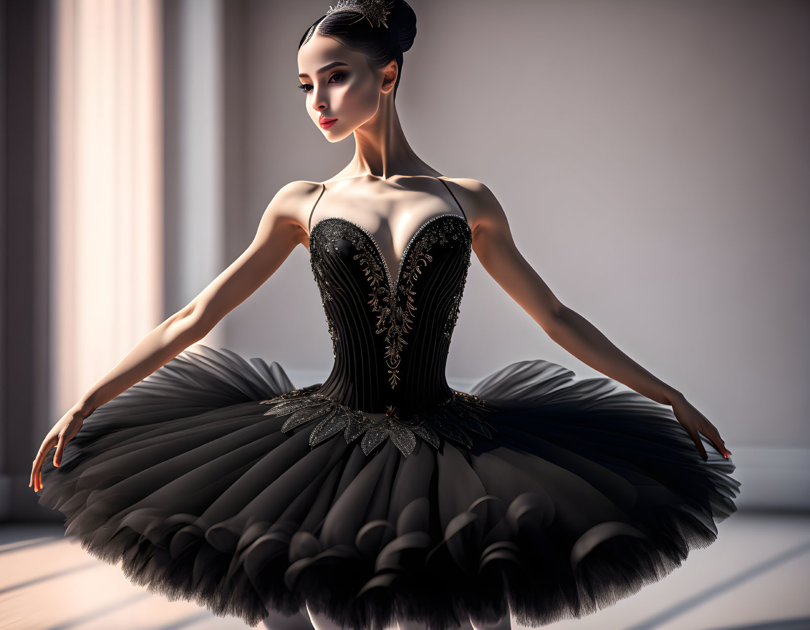 Elegant ballerina in black tutu poses in softly lit room