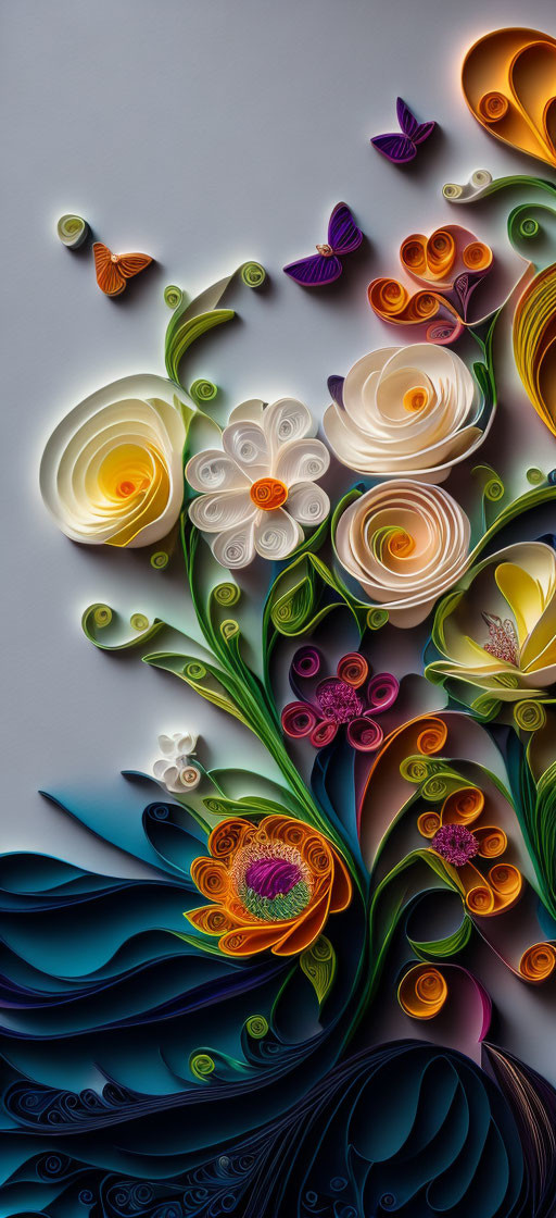 Colorful quilled flower papercraft on gradient background