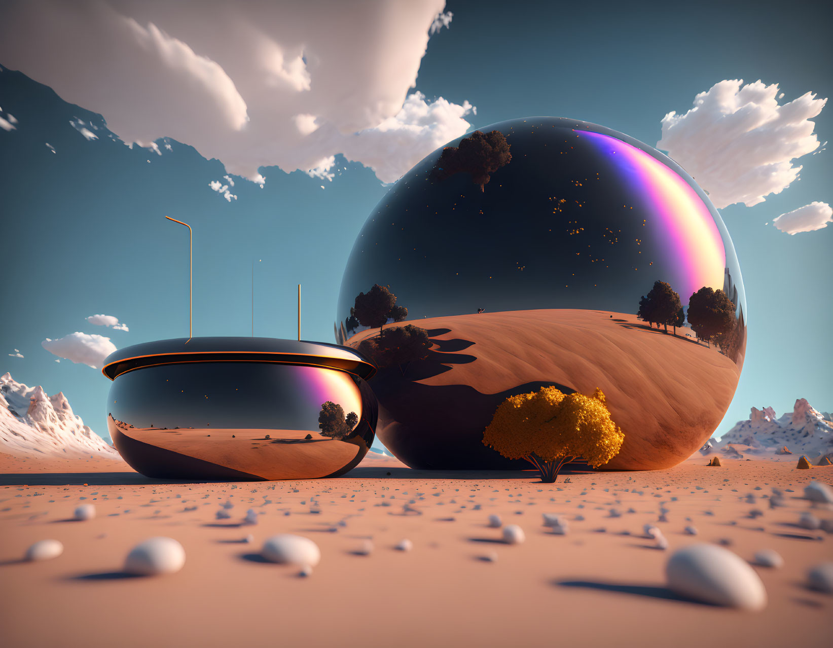 Surreal desert landscape with reflective sphere and mirrored structure