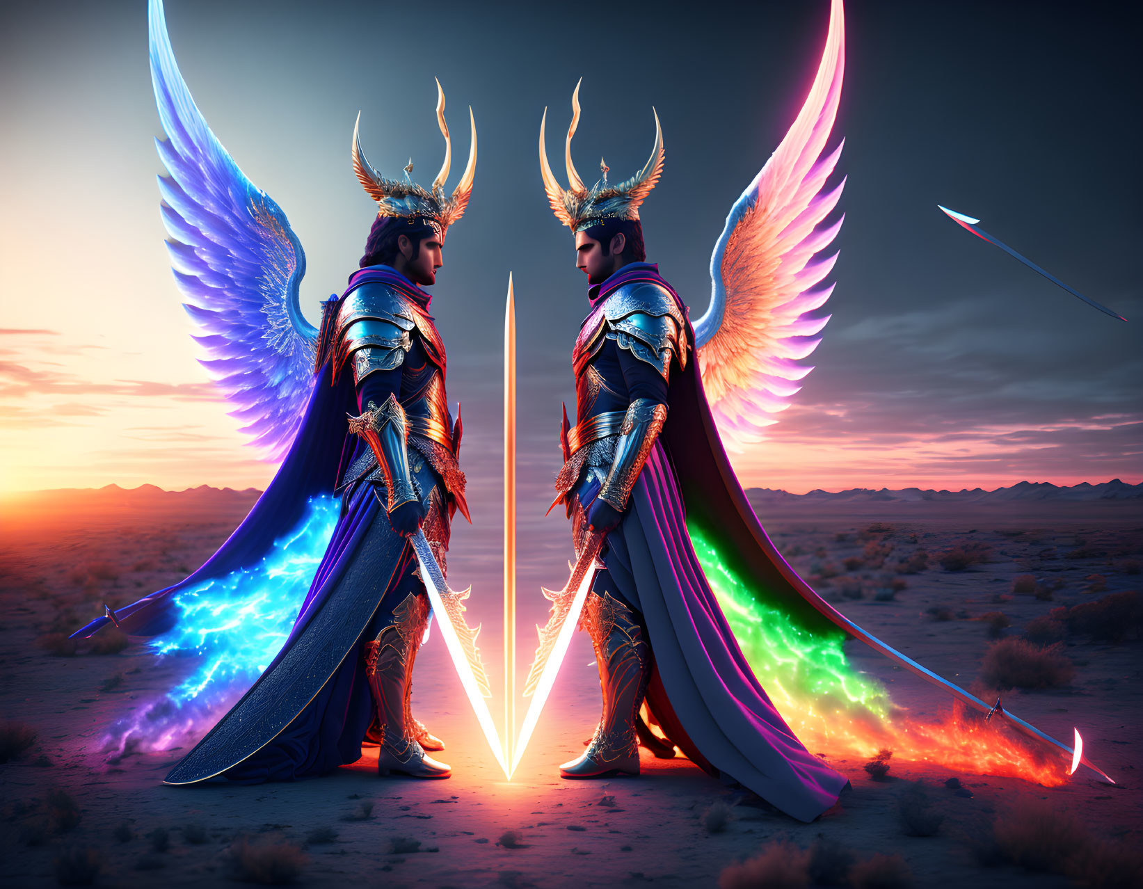 Armored individuals with glowing wings and helmets wield energy swords in desert at dusk