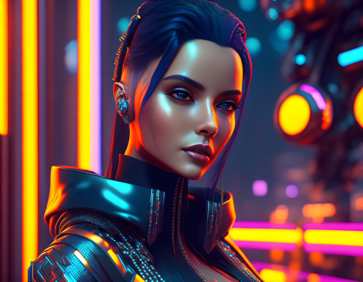 Cyberpunk-inspired 3D-rendered female character in futuristic outfit against neon cityscape.