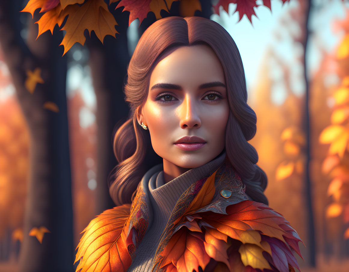 Detailed digital portrait woman with autumn leaves and fall trees.