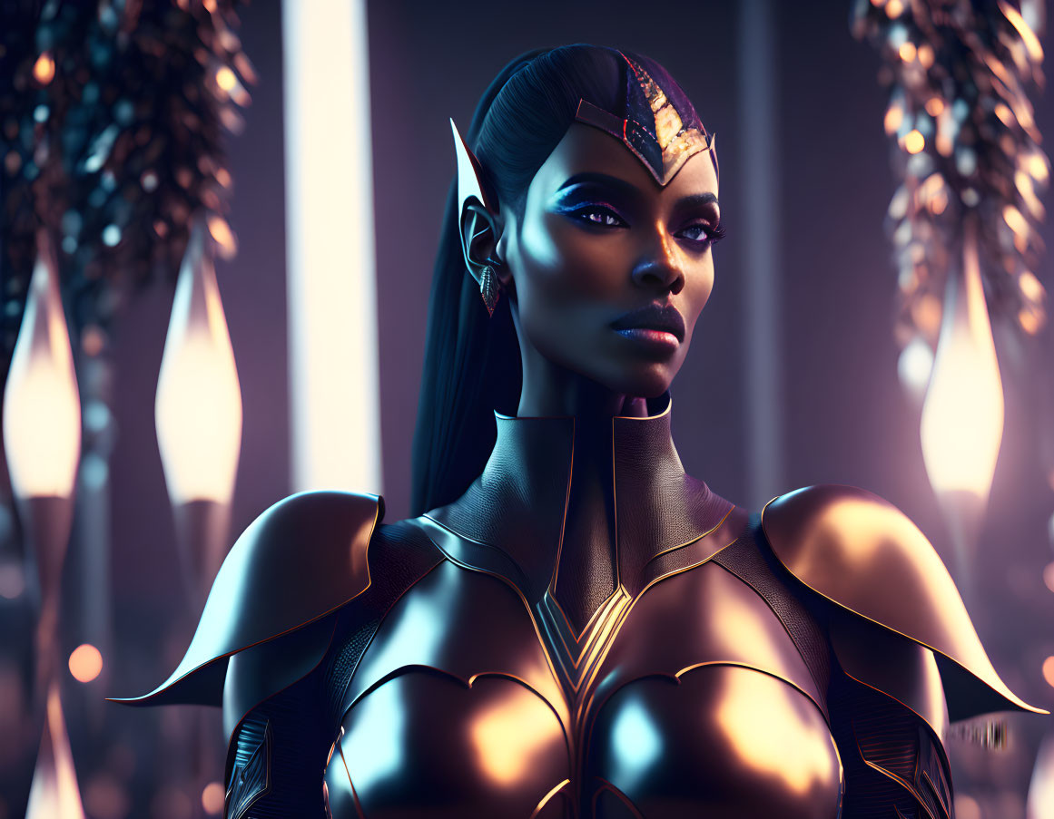 Digital artwork: Dark-skinned warrior woman in futuristic armor with crown headpiece, torch-lit backdrop