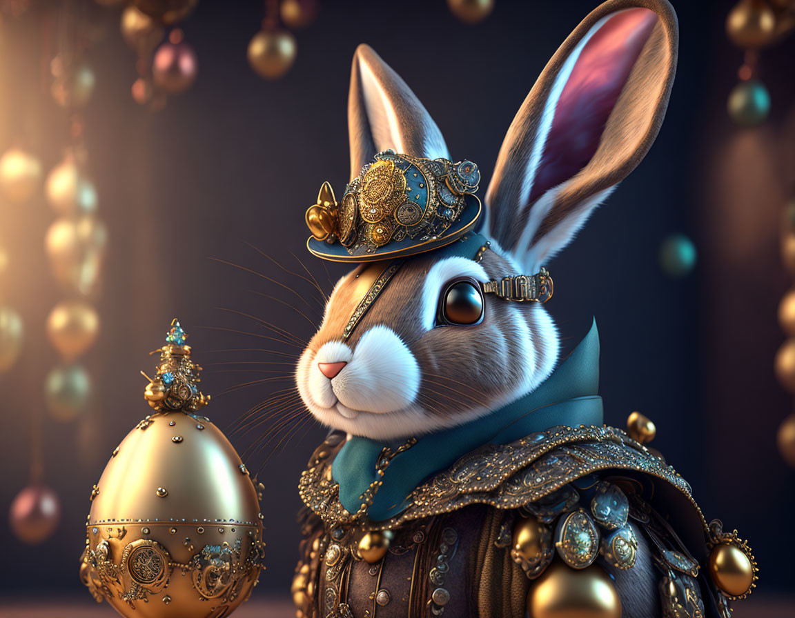 Steampunk-inspired rabbit with hat, monocle, and brass orbs in background