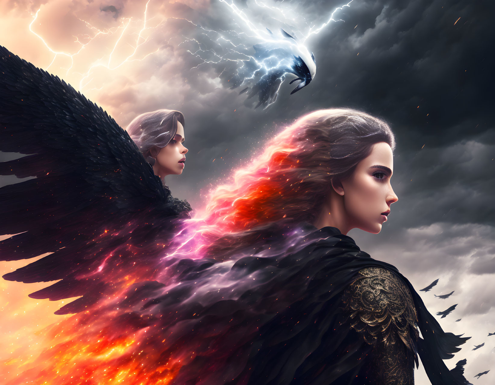 Digital Artwork: Woman with Cosmic Wings and Phoenix in Stormy Sky